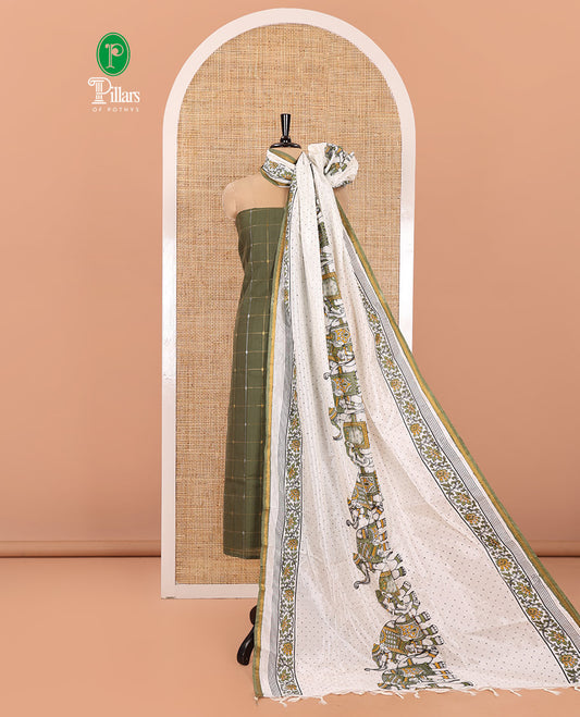 Green Material Churidar Set, Decked Up with Zari Checked Semi-Silk Top, Comes with a Contrast Plain Soft Cotton Bottom, and a Contrast Semi-Silk Dupatta, Pictures a Herd of Elephants