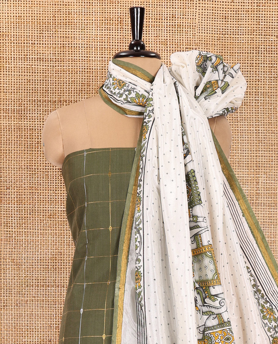 Green Material Churidar Set, Decked Up with Zari Checked Semi-Silk Top, Comes with a Contrast Plain Soft Cotton Bottom, and a Contrast Semi-Silk Dupatta, Pictures a Herd of Elephants