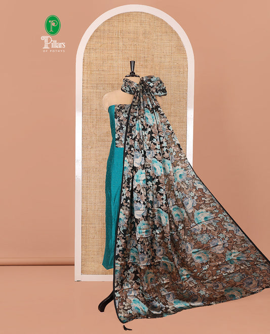 Blue Material Churidar Set, Adorned with Stone Work and Floral Patch Neck Work on Vichitra Silk Top, Comes with a Plain Santoon Bottom, and Is Paired with a Contrast Floral Printed Dupatta