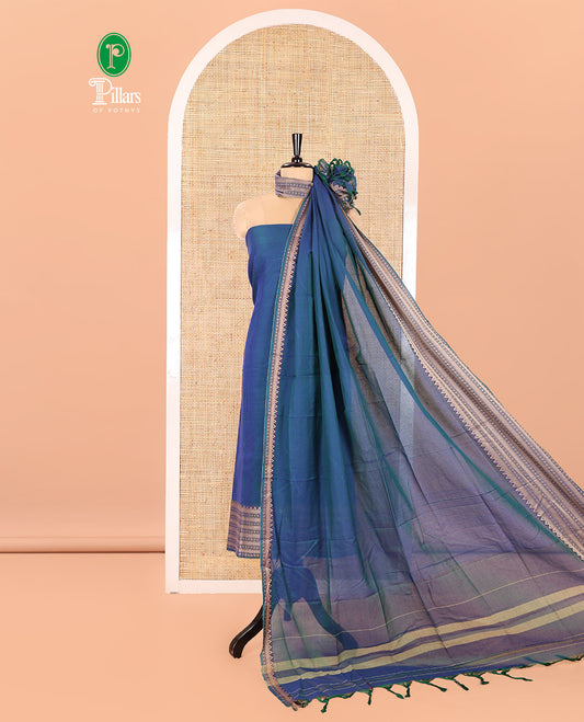 Blue Mercerised Cotton Material Churidar Set, Subtly Made Plain with Traditional Bordered Top, a Mercerised Cotton Bottom, and Paired with a Mercerised Cotton Traditional Bordered Dupatta