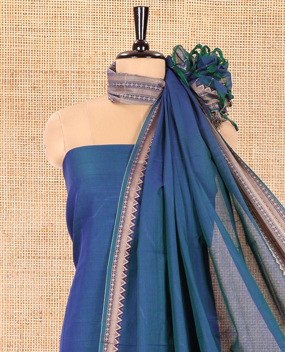 Blue Mercerised Cotton Material Churidar Set, Subtly Made Plain with Traditional Bordered Top, a Mercerised Cotton Bottom, and Paired with a Mercerised Cotton Traditional Bordered Dupatta