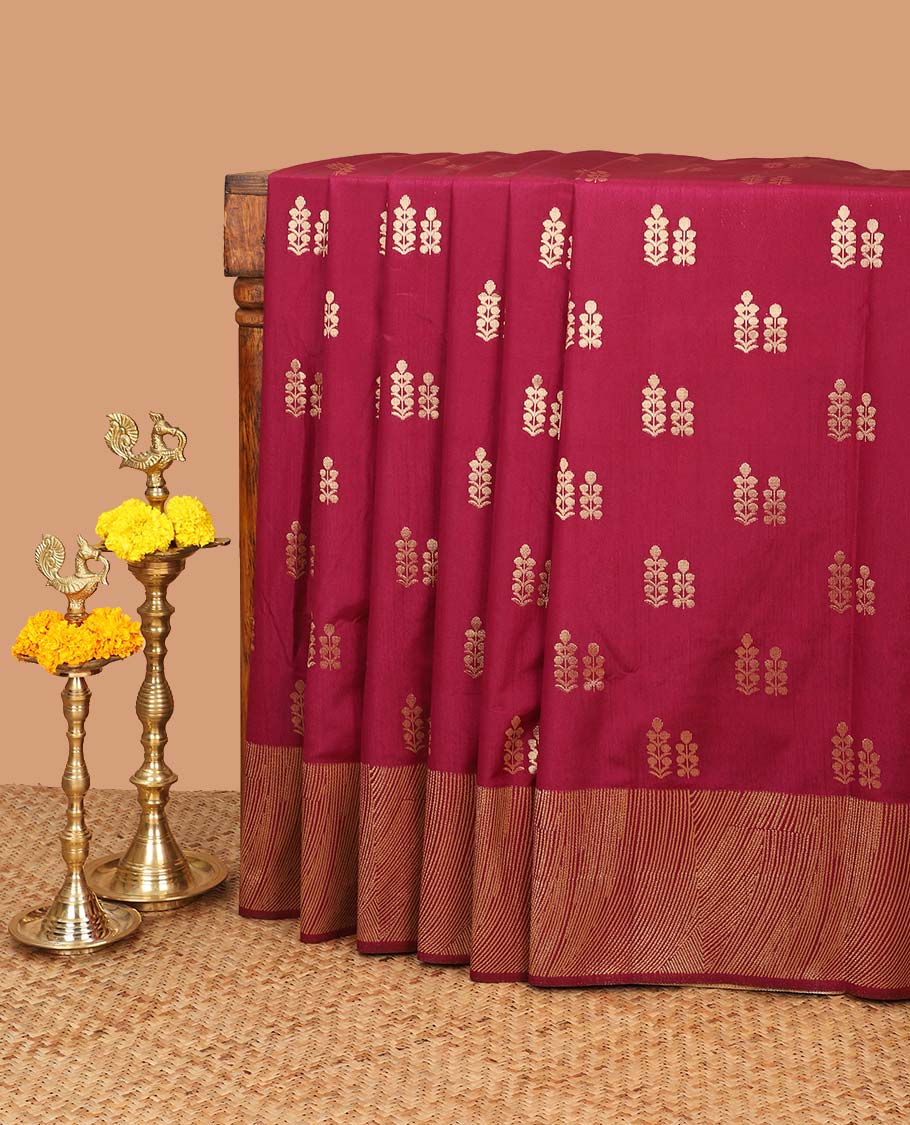 jamun pink floral zari butta dola raw silk saree with geometrical border & zig zag mango design pallu along with geometrical zari blouse