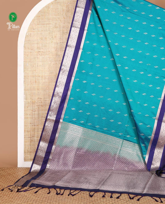 Peacock green zari butta semi soft silk saree with rettai pettu, diamond border grand pallu along with plain blouse