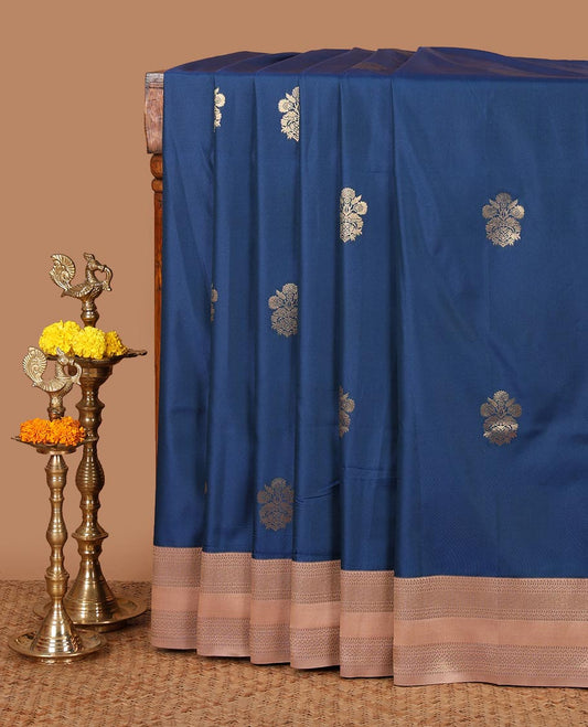 Blue zari buttas semi-soft silk saree, contrast rettai pettu traditional zari border & grand ogee patterned pallu