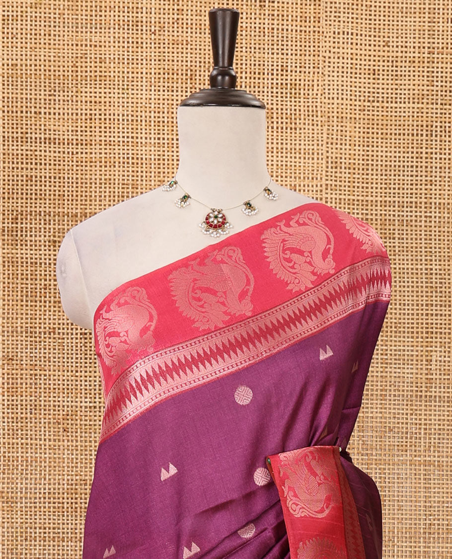 Magenta temple & rudraksham motifs fancy tussar saree, contrast traditional zari peacocks border, pallu of peacock & mughal floral design, & contrast zari blouse