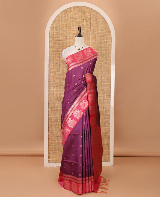 Magenta temple & rudraksham motifs fancy tussar saree, contrast traditional zari peacocks border, pallu of peacock & mughal floral design, & contrast zari blouse