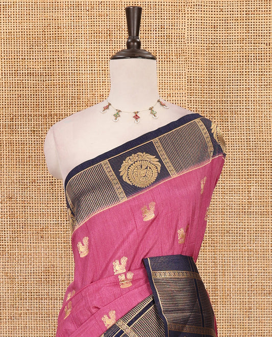 Onion pink peacock buttas dola silk saree, contrast kanchipuram-style traditional zari border, zari pallu & contrast zari border blouse