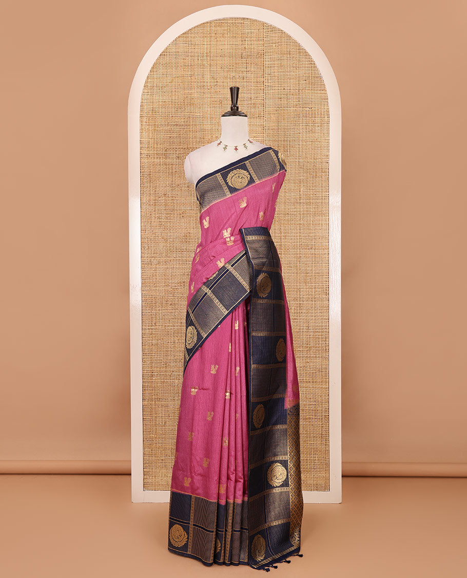 Onion pink peacock buttas dola silk saree, contrast kanchipuram-style traditional zari border, zari pallu & contrast zari border blouse