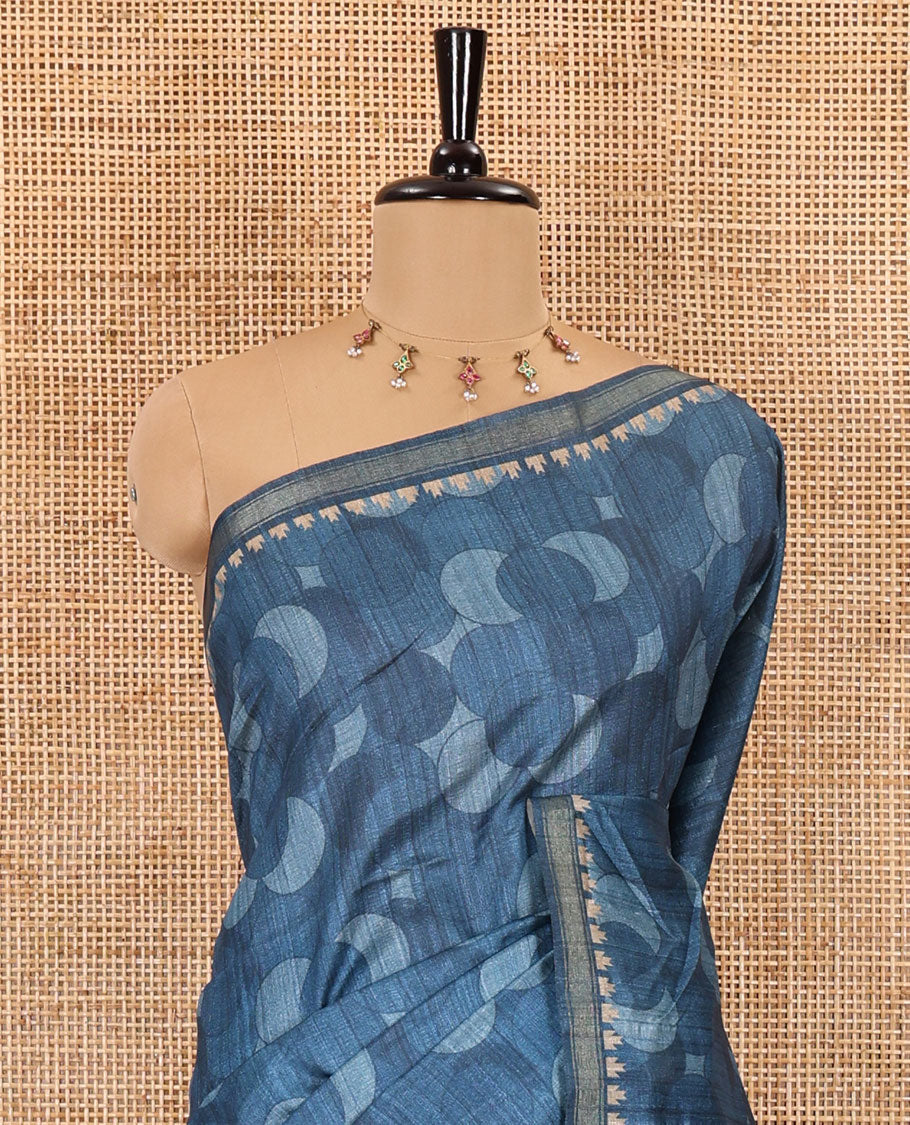 Blue circle abstract printed fancy tussar saree, tissue border, pallu of kalamkari peacock print, and kalamkari floral printed blouse