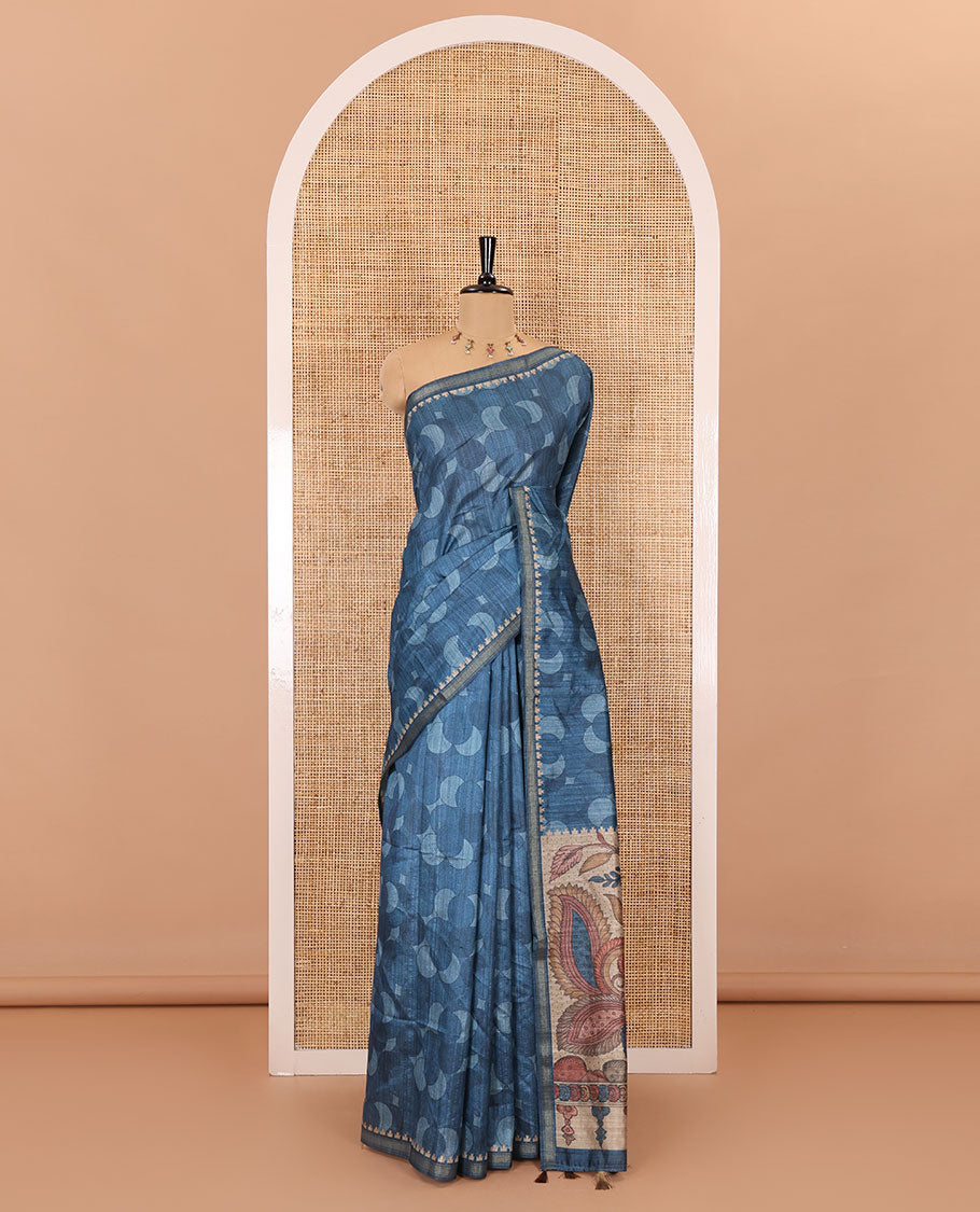 Blue circle abstract printed fancy tussar saree, tissue border, pallu of kalamkari peacock print, and kalamkari floral printed blouse