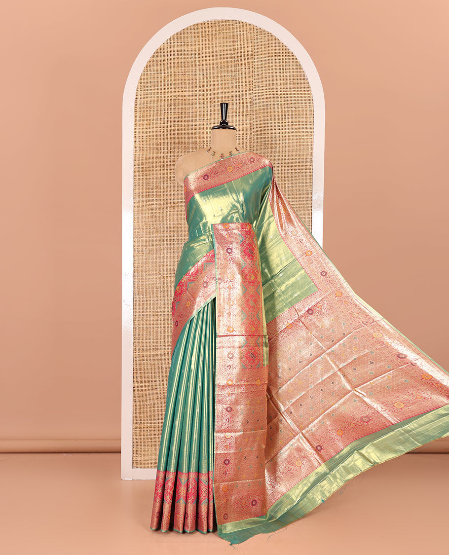 Rama green zari buttas tissue silk saree, contrast border of patola design and traditional motifs, jaal pallu, and a matching blouse