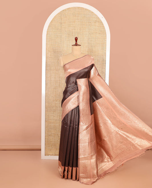 Coffee Brown and Peach Litchi Saree Embellished with Zari Polka Dot Enclosed Zari Checks, Complemented by a Contrast Border of Floral Creeper Designs, Mughal-Style Intricately Decked Up Pallu, and Paired with a Contrast Blouse