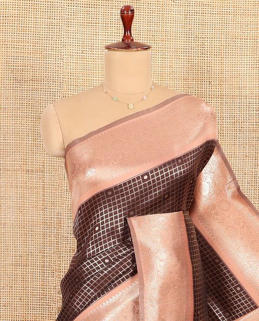 Coffee Brown and Peach Litchi Saree Embellished with Zari Polka Dot Enclosed Zari Checks, Complemented by a Contrast Border of Floral Creeper Designs, Mughal-Style Intricately Decked Up Pallu, and Paired with a Contrast Blouse