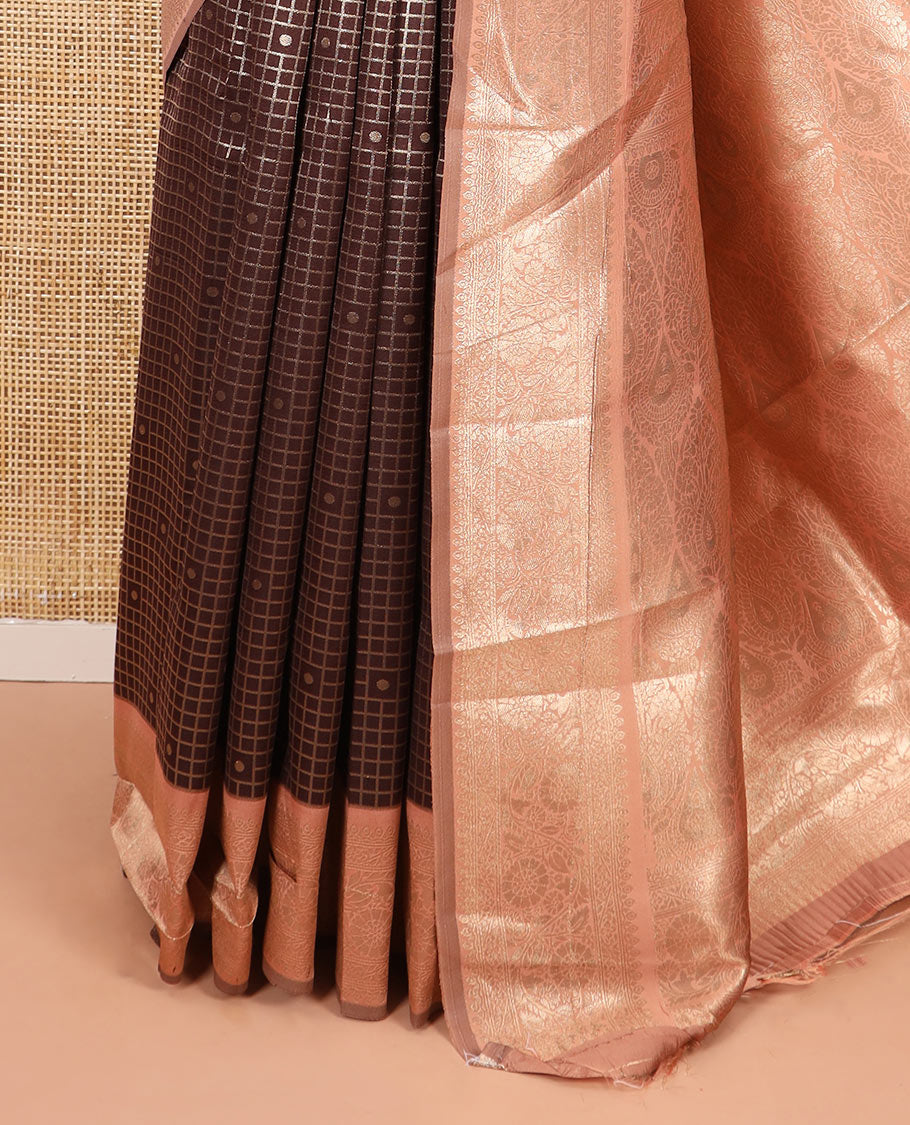 Coffee Brown and Peach Litchi Saree Embellished with Zari Polka Dot Enclosed Zari Checks, Complemented by a Contrast Border of Floral Creeper Designs, Mughal-Style Intricately Decked Up Pallu, and Paired with a Contrast Blouse