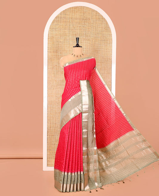 Pink Assam Silk Saree, Gleamed Up with Micro-Checked Zari Design All Over Its Body, Complemented by a Contrast Traditional Design Rettai Pettu Border, Zari Design Pallu, and Paired with a Contrast Blouse