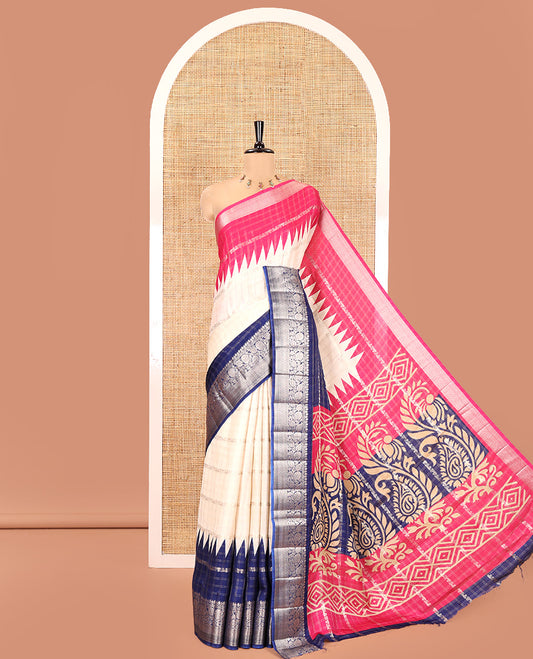 Off-White Fancy Georgette Saree, Detailed with Zari Designs, Complemented by a Contrast Ganga-Jamuna Zari Temple Border of Traditional Designs, Pallu of Paisleys, and Paired with a Contrast Blouse