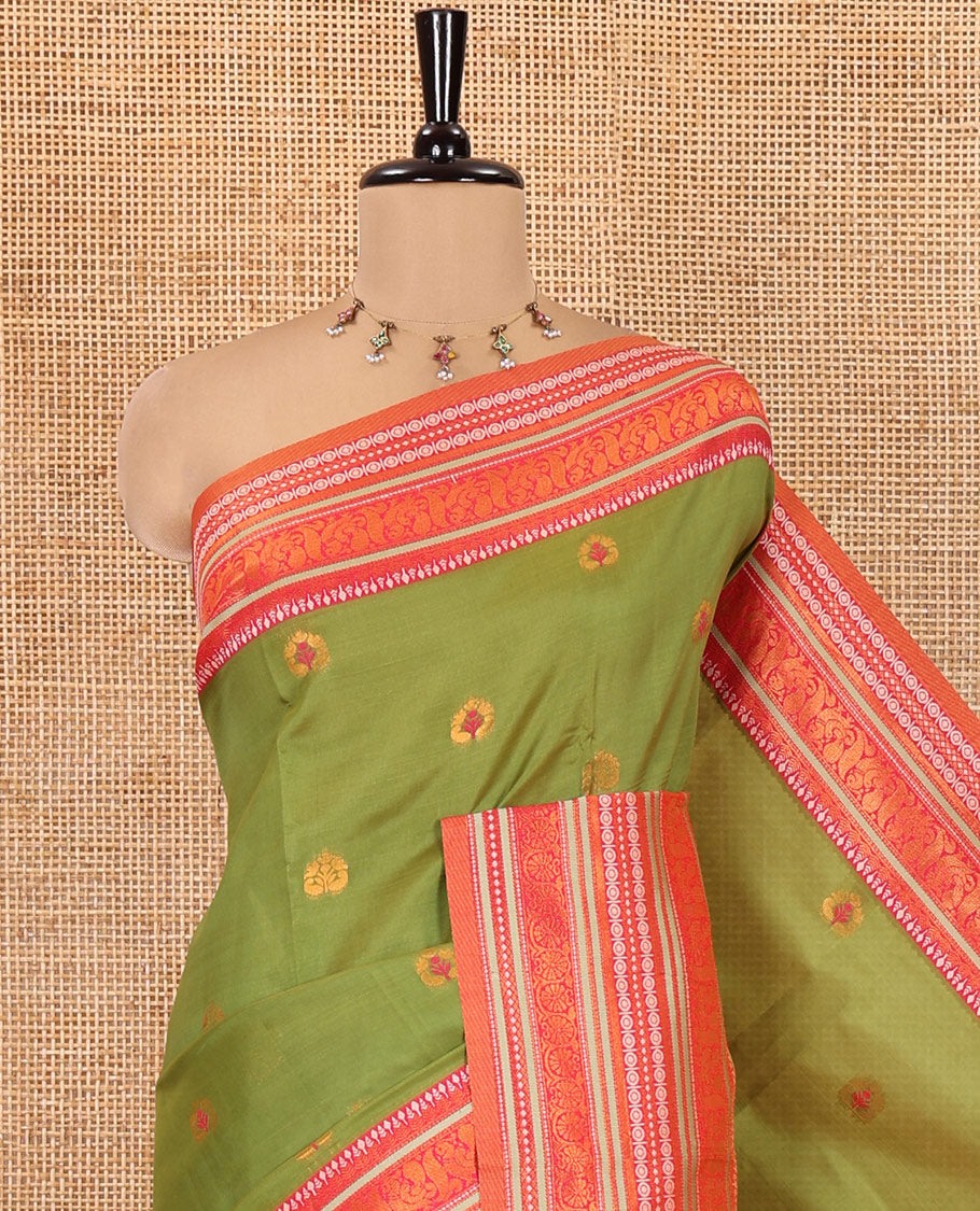 Leaf Green Litchi Chettinad Cotton Saree Features Buttas, Contrast Traditional Border, Grand Pallu,  Contrast Blouse