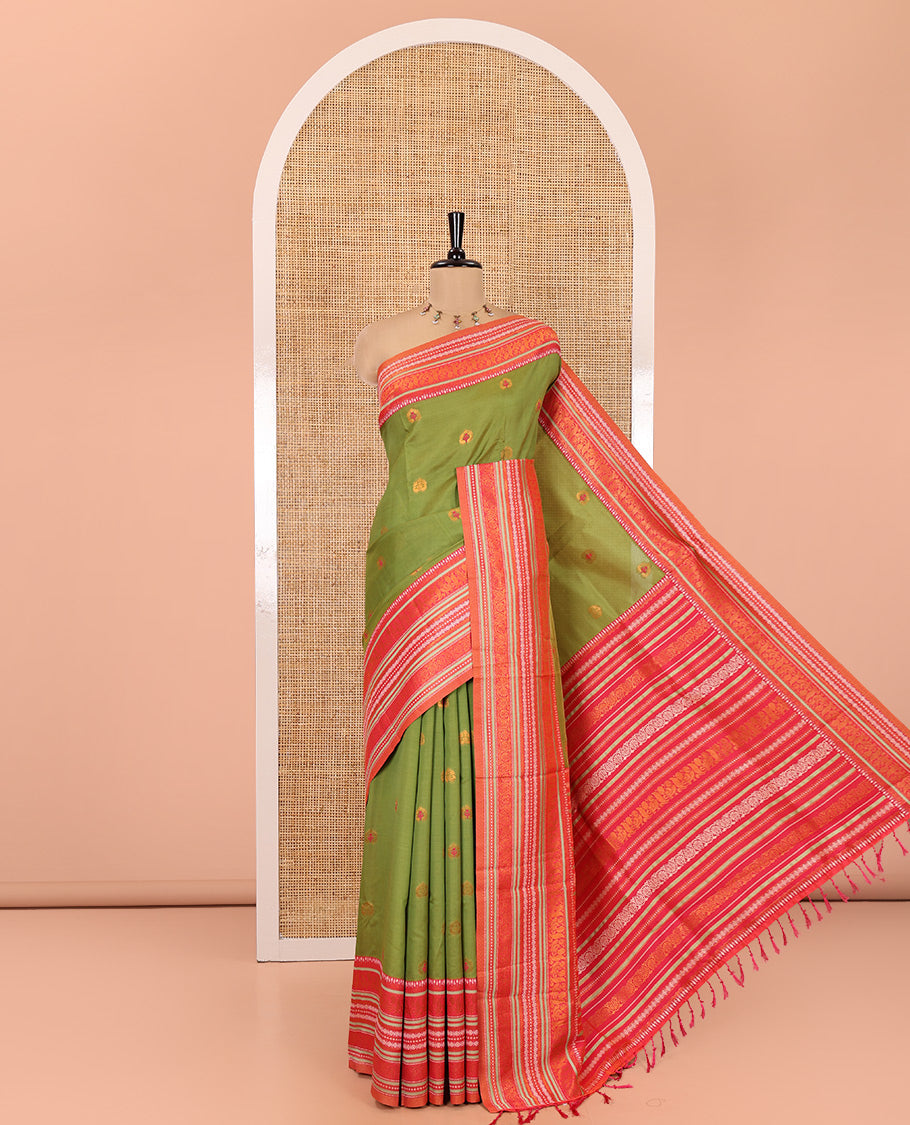 Leaf Green Litchi Chettinad Cotton Saree Features Buttas, Contrast Traditional Border, Grand Pallu,  Contrast Blouse