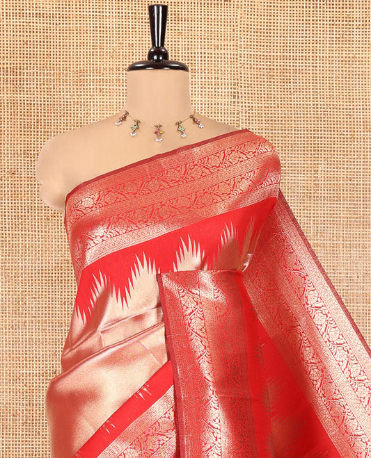 Red Litchi Saree Features Tissue-Zari Weave, a Temple Kodi Visiry Border, Grand Pallu and a Matching Blouse