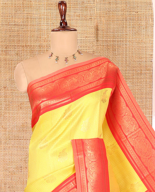 Yellow Litchi Saree with Zari Buttas and Zari Checks, Contrast Elephant Border, Intricate Pallu, a Contrast Blouse
