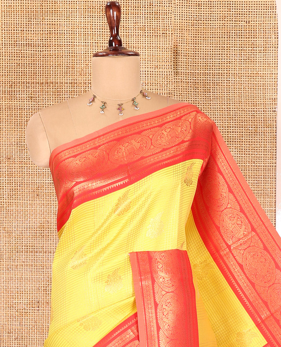 Yellow Litchi Saree, Crafted with Zari Buttas and Zari Checks, Complemented by a Contrast Elephant Border, Intricate Pallu, a Contrast Blouse