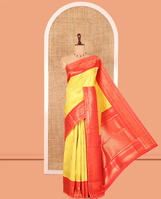 Yellow Litchi Saree with Zari Buttas and Zari Checks, Contrast Elephant Border, Intricate Pallu, a Contrast Blouse
