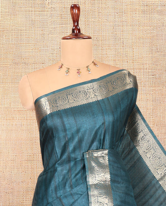 Peacock Green Fancy Tussar Saree, Intricate Border, Grand Pallu, a Contrast Printed Blouse, Matching Brocade Blouse