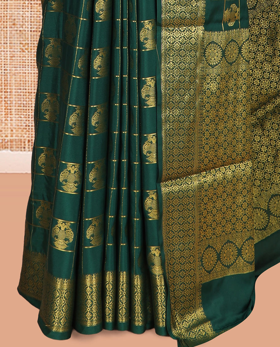 Bottle Green Mysore Silk Saree Features Iruthalai Pakshi Buttas Enclosed Checks, a Traditional Border, Matching Blouse