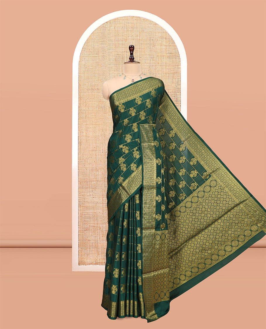 Bottle Green Mysore Silk Saree Features Iruthalai Pakshi Buttas Enclosed Checks, a Traditional Border, Matching Blouse