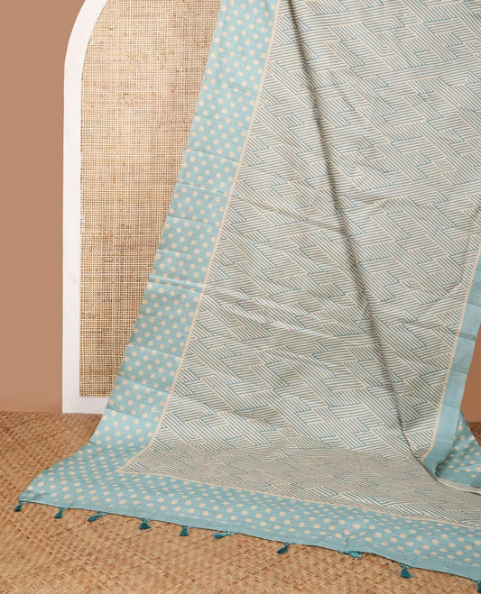 Rama blue geometrical print, zari butta fancy tussar saree with polka dot border & polka dot pallu along with polka dot blouse