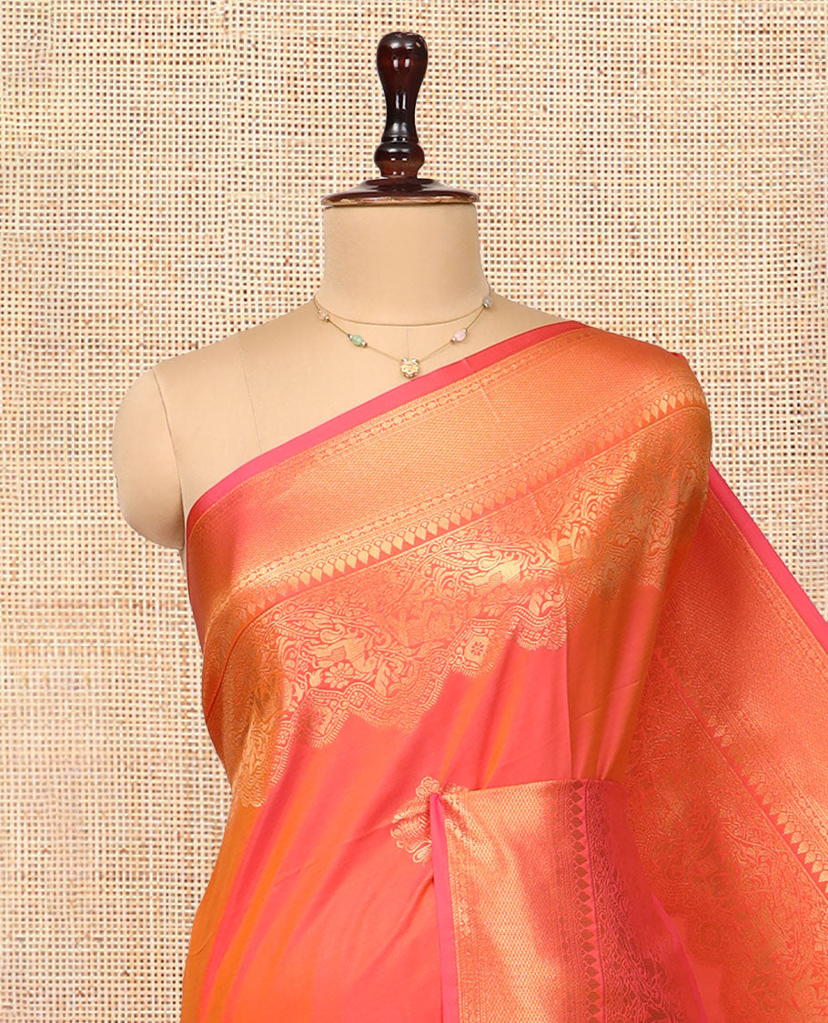 Orange Zari Buttas Soft Silk Saree, Animal Motif Zari Border, Grand Pallu, Matching Blouse