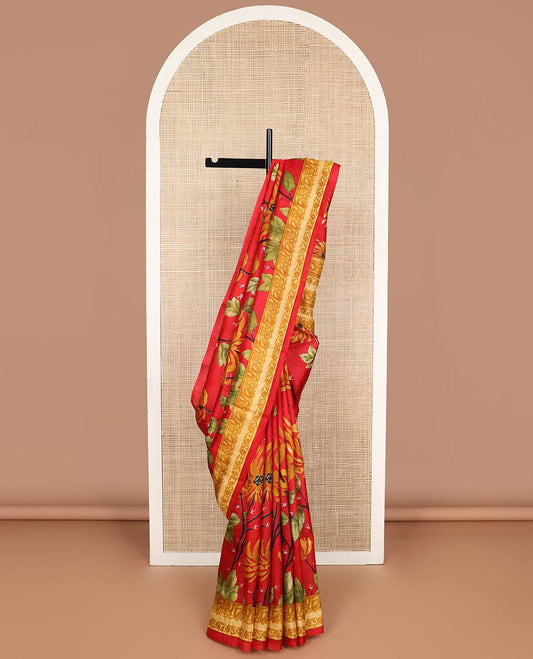 Red floral printed silk saree with self floral border & floral design pallu