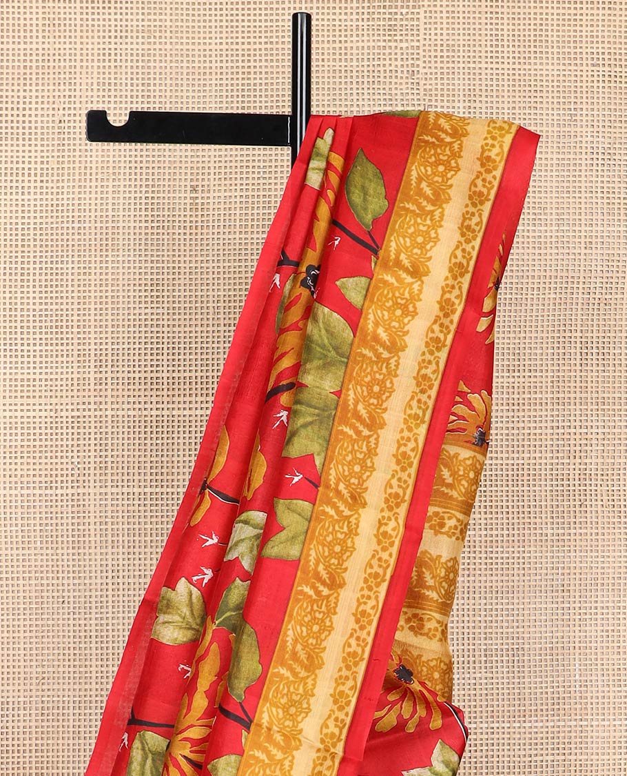 Red floral printed silk saree with self floral border & floral design pallu
