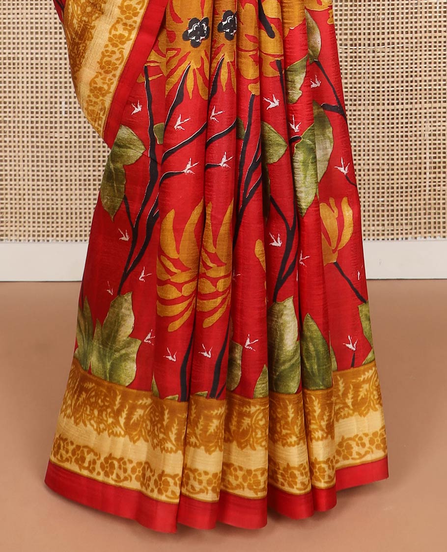 Red floral printed silk saree with self floral border & floral design pallu