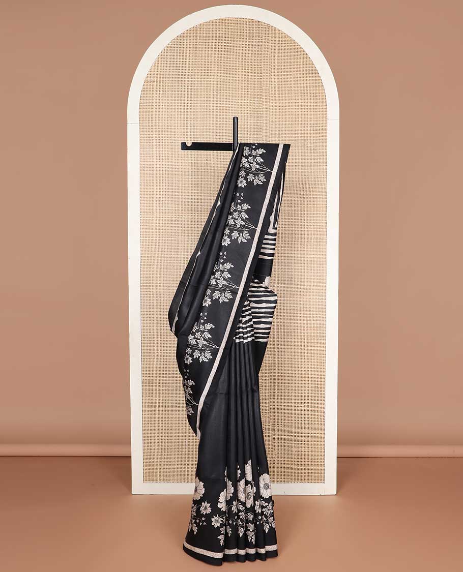 Black striped, floral design printed silk saree with self border