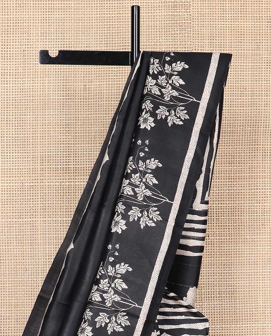 Black striped, floral design printed silk saree with self border