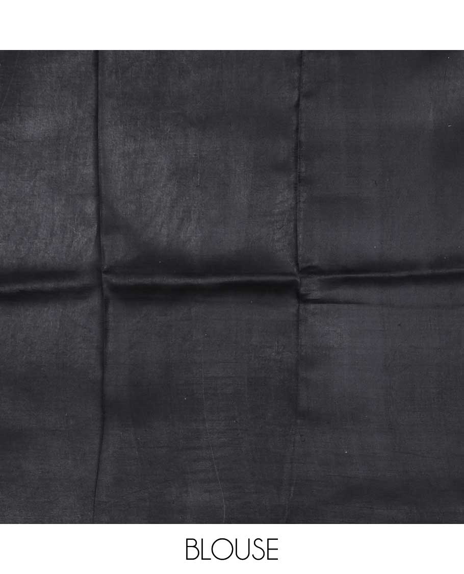 Black striped, floral design printed silk saree with self border