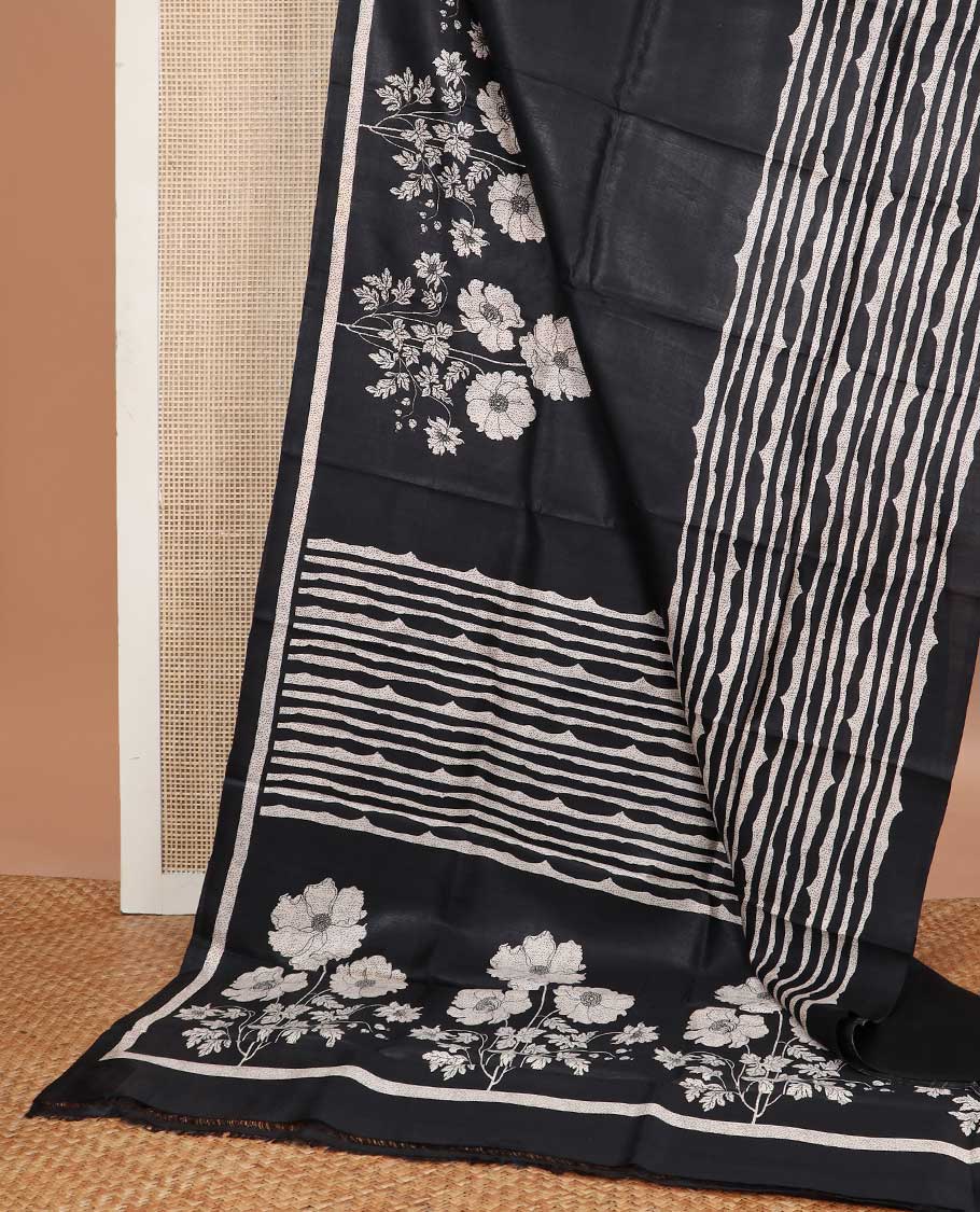 Black striped, floral design printed silk saree with self border
