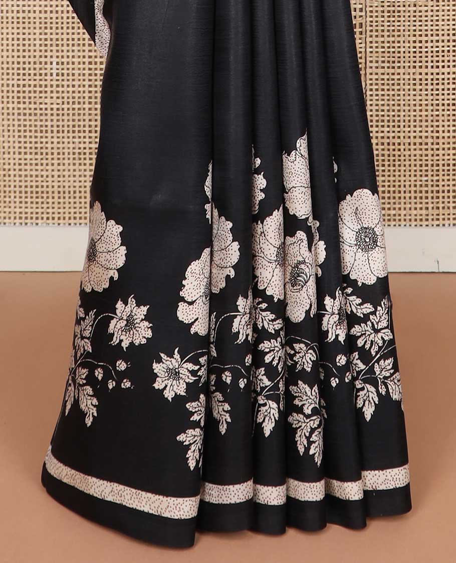 Black striped, floral design printed silk saree with self border