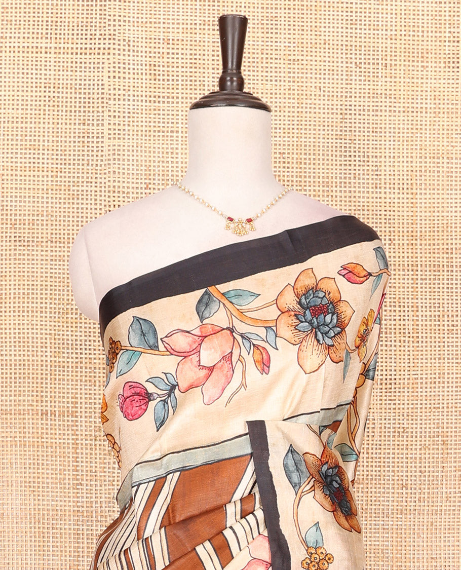 Brown diagonal stripes printed saree, contrast floral creeper printed border, and floral printed pallu