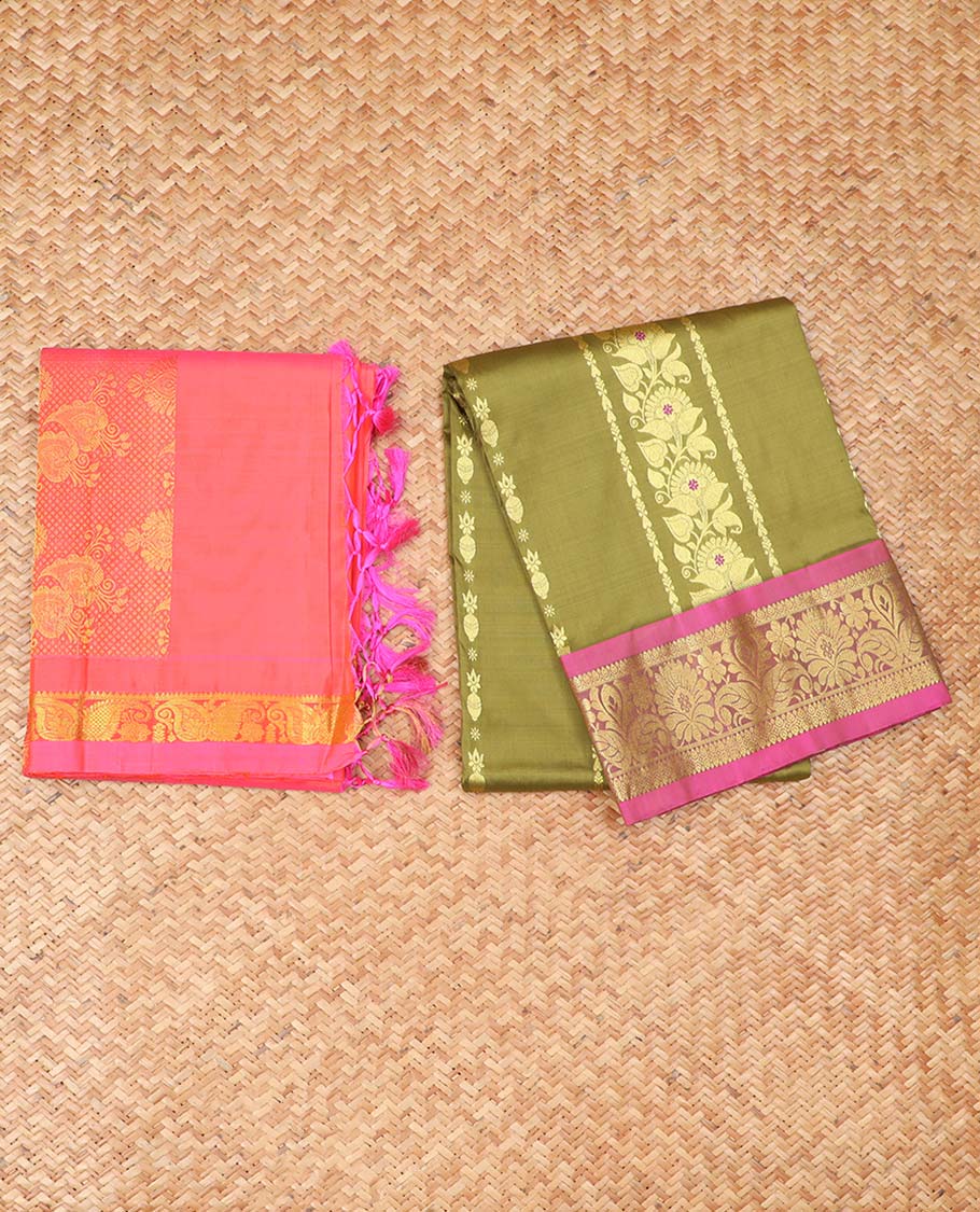 Green floral buttas pure silk half saree with contrast zari border,  contrast zari design blouse & plain with zari border dhavani