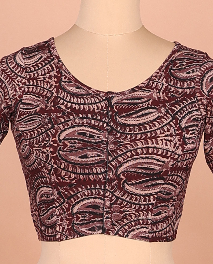 Burgundy paisley vine printed round-neck elbow sleeve cotton readymade blouse