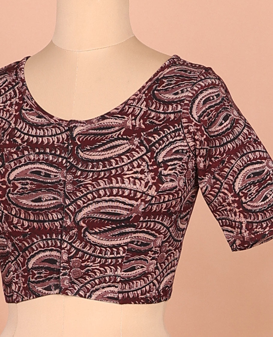 Burgundy paisley vine printed round-neck elbow sleeve cotton readymade blouse