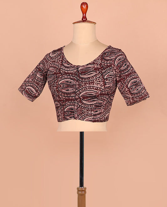 Burgundy paisley vine printed round-neck elbow sleeve cotton readymade blouse