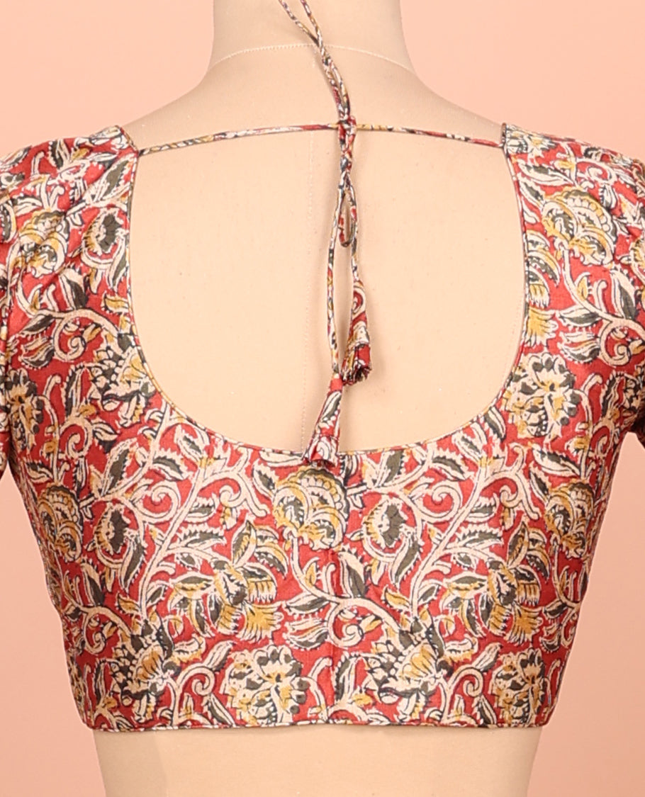 Red Readymade Blouse Featuring Floral Vine Digital Print, a Front Round-Neck, Back Round-Neck, and Elbow Sleeves