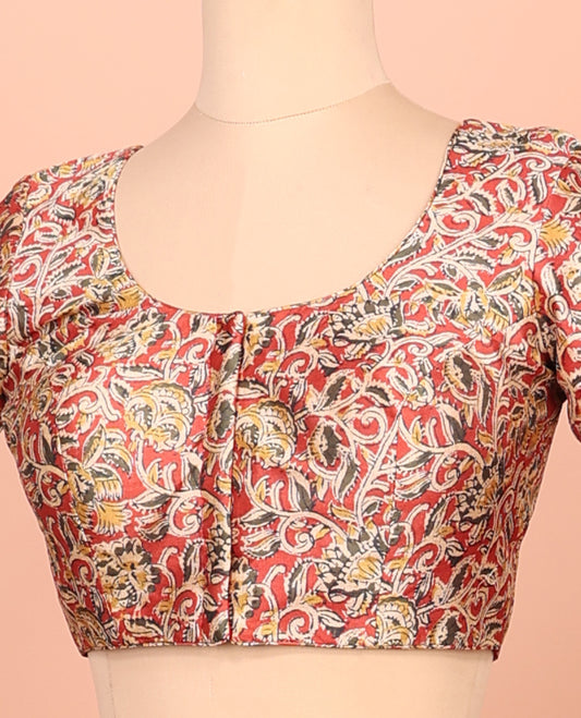 Red Readymade Blouse Featuring Floral Vine Digital Print, a Front Round-Neck, Back Round-Neck, and Elbow Sleeves