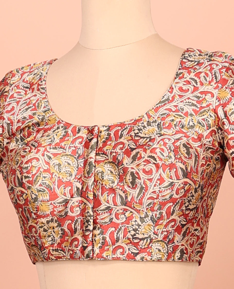 Red Readymade Blouse Featuring Floral Vine Digital Print, a Front Round-Neck, Back Round-Neck, and Elbow Sleeves