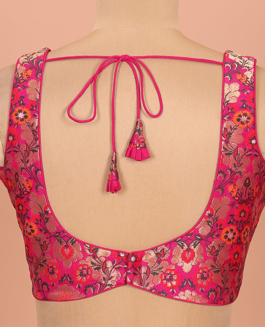 Rani pink floral meenakari jacquard front-back V-neck sleeveless readymade blouse