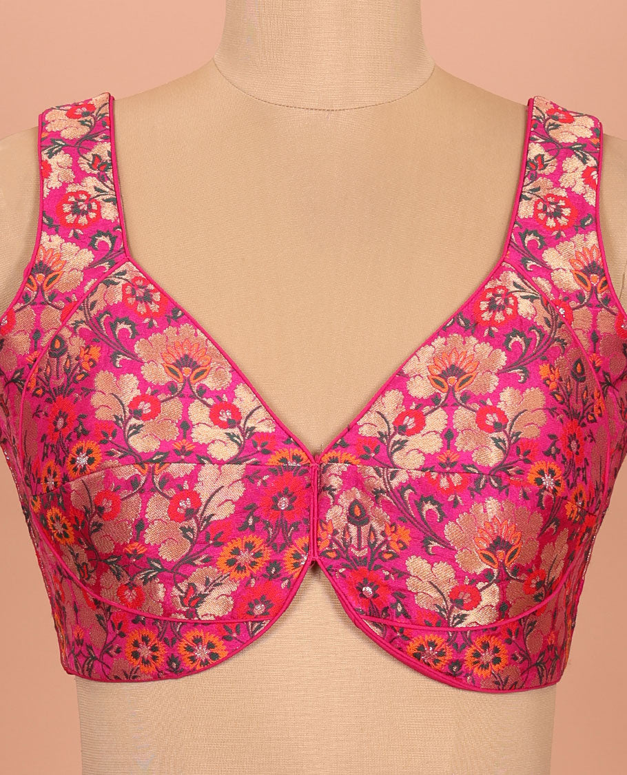 Rani pink floral meenakari jacquard front-back V-neck sleeveless readymade blouse