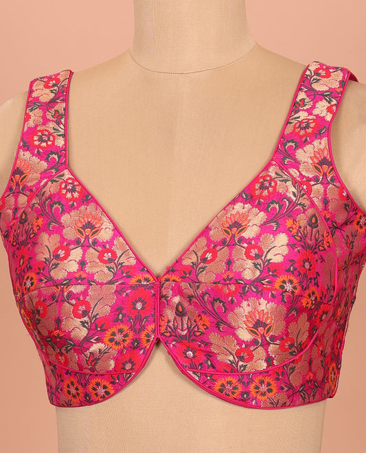 Rani pink floral meenakari jacquard front-back V-neck sleeveless readymade blouse